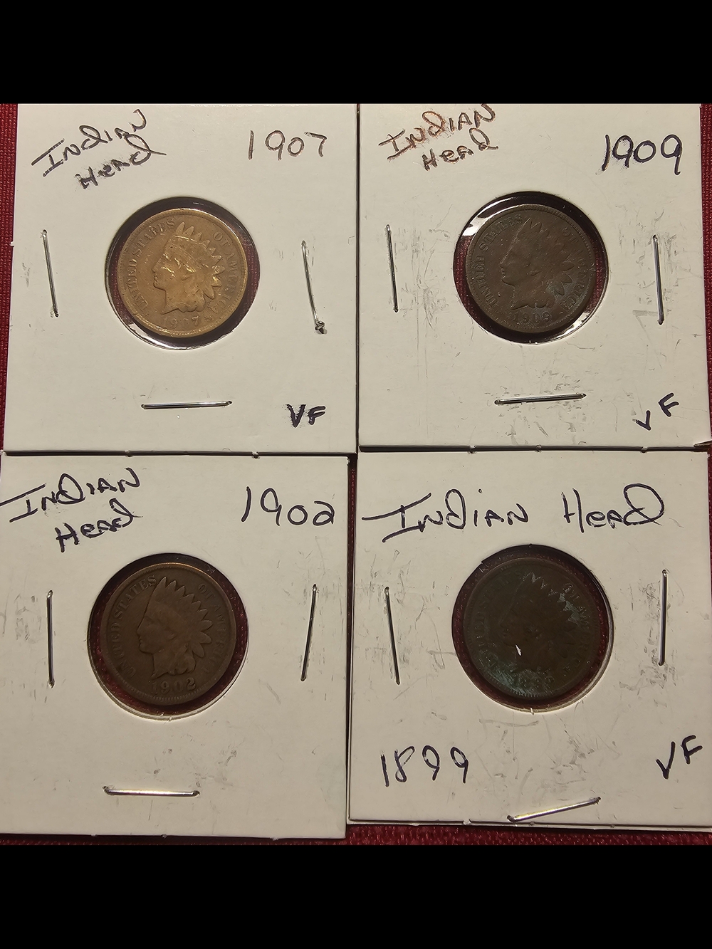 Vintage Indian Head Penny's, 1899, 1902, 1907 And 1909.